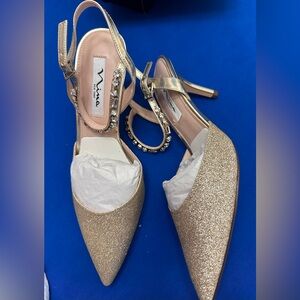 Nina Gold Glitter Pointed Slingback Mules with Crystal Strap